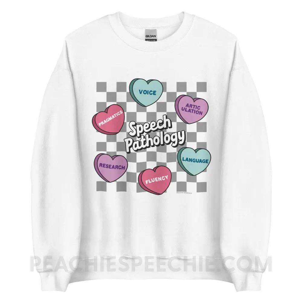 Speech Pathology Candy Heart Checkerboard Classic Sweatshirt - White / S - peachiespeechie.com