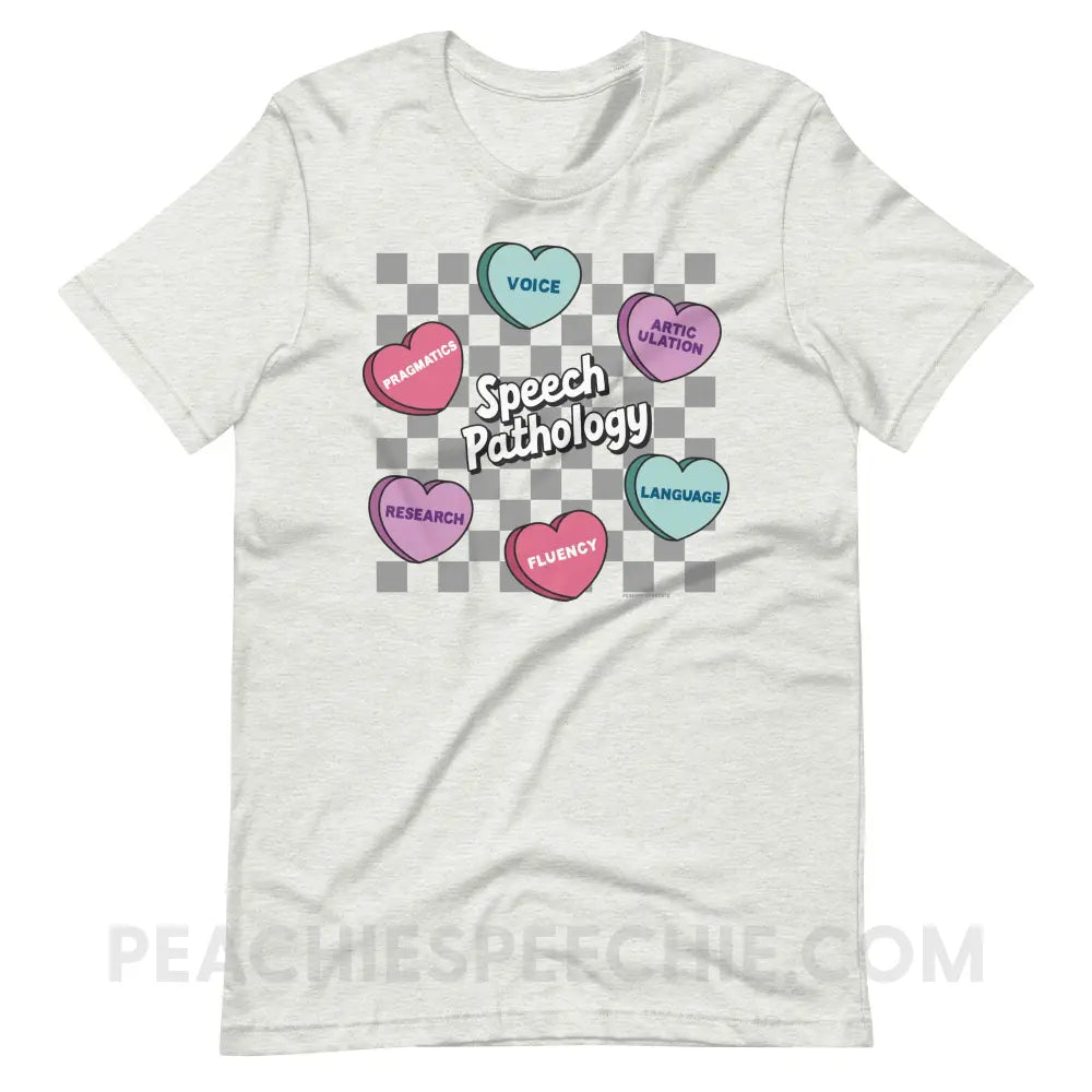 Speech Pathology Candy Heart Checkerboard Premium Soft Tee - Ash / S - peachiespeechie.com