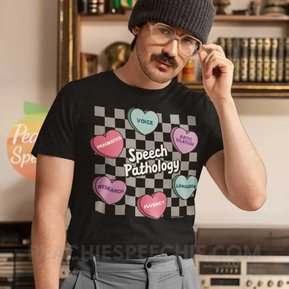 Speech Pathology Candy Heart Checkerboard Premium Soft Tee - Black Heather / XS - peachiespeechie.com