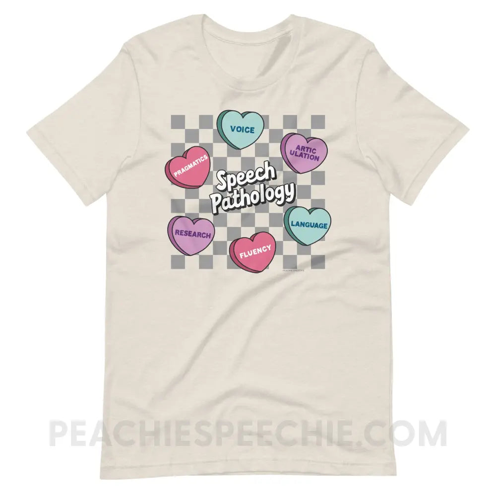 Speech Pathology Candy Heart Checkerboard Premium Soft Tee - Heather Dust / S - peachiespeechie.com