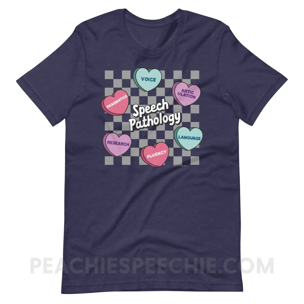 Speech Pathology Candy Heart Checkerboard Premium Soft Tee - Heather Midnight Navy / XS - peachiespeechie.com