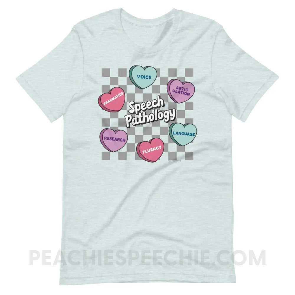 Speech Pathology Candy Heart Checkerboard Premium Soft Tee - Heather Prism Ice Blue / XS - peachiespeechie.com