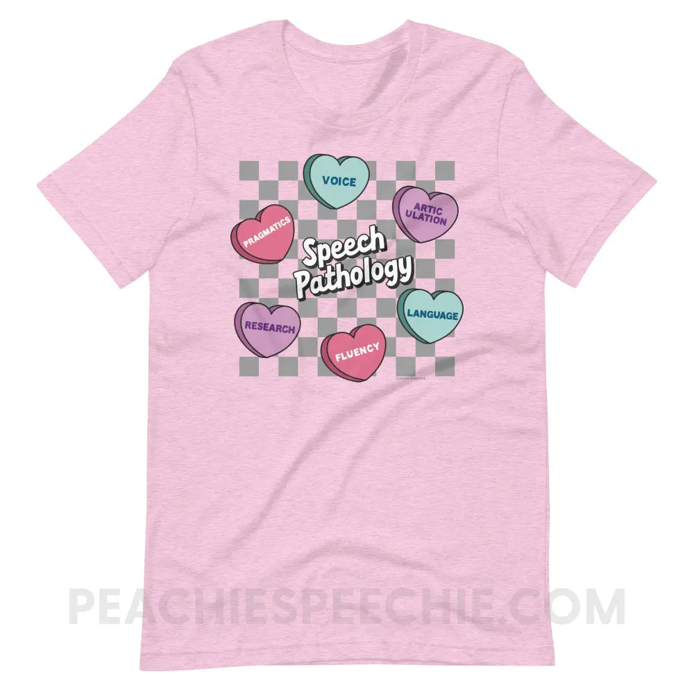 Speech Pathology Candy Heart Checkerboard Premium Soft Tee - Heather Prism Lilac / XS - peachiespeechie.com