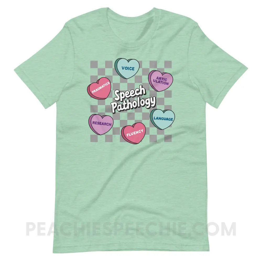 Speech Pathology Candy Heart Checkerboard Premium Soft Tee - Heather Prism Mint / XS - peachiespeechie.com