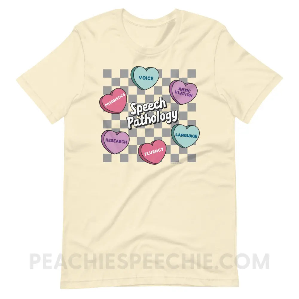 Speech Pathology Candy Heart Checkerboard Premium Soft Tee - Natural / XS - peachiespeechie.com