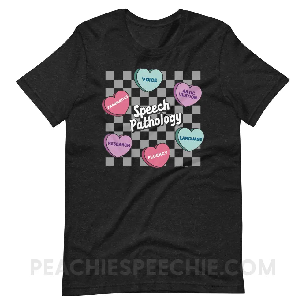 Speech Pathology Candy Heart Checkerboard Premium Soft Tee - peachiespeechie.com