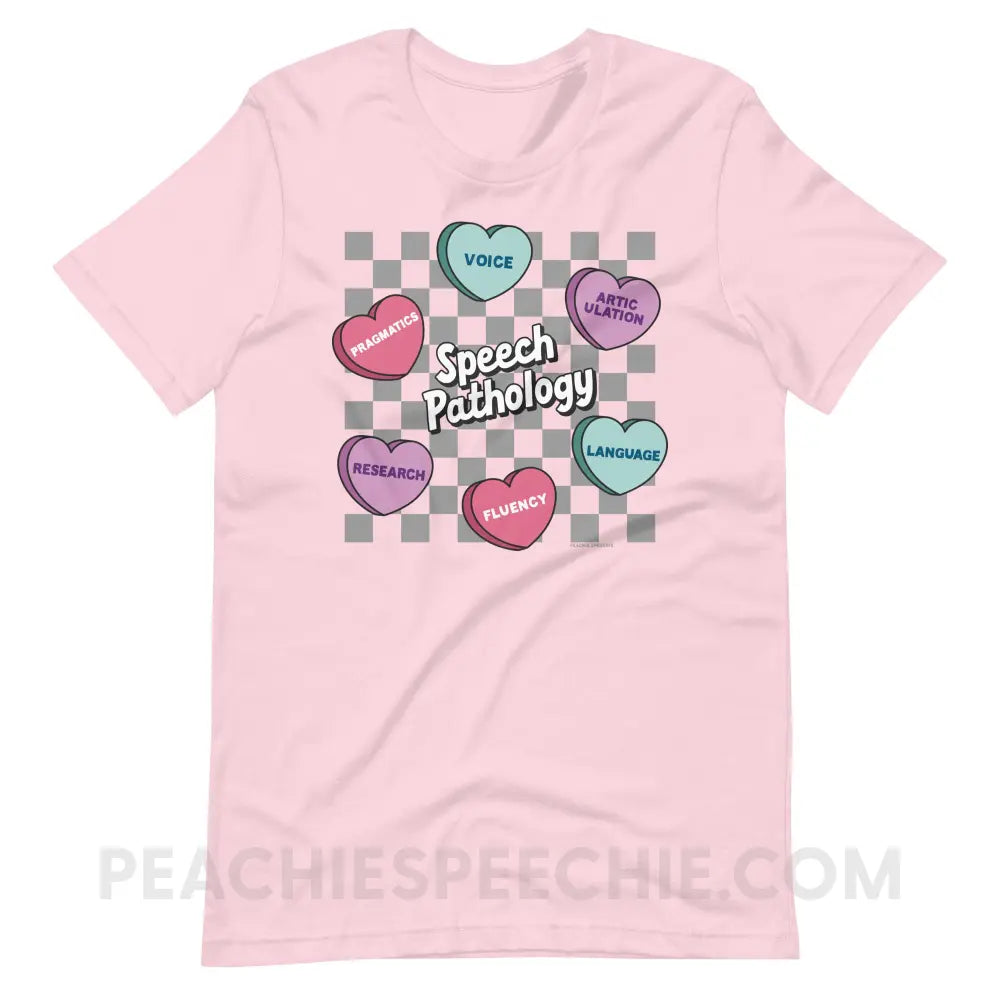 Speech Pathology Candy Heart Checkerboard Premium Soft Tee - Pink / S - peachiespeechie.com