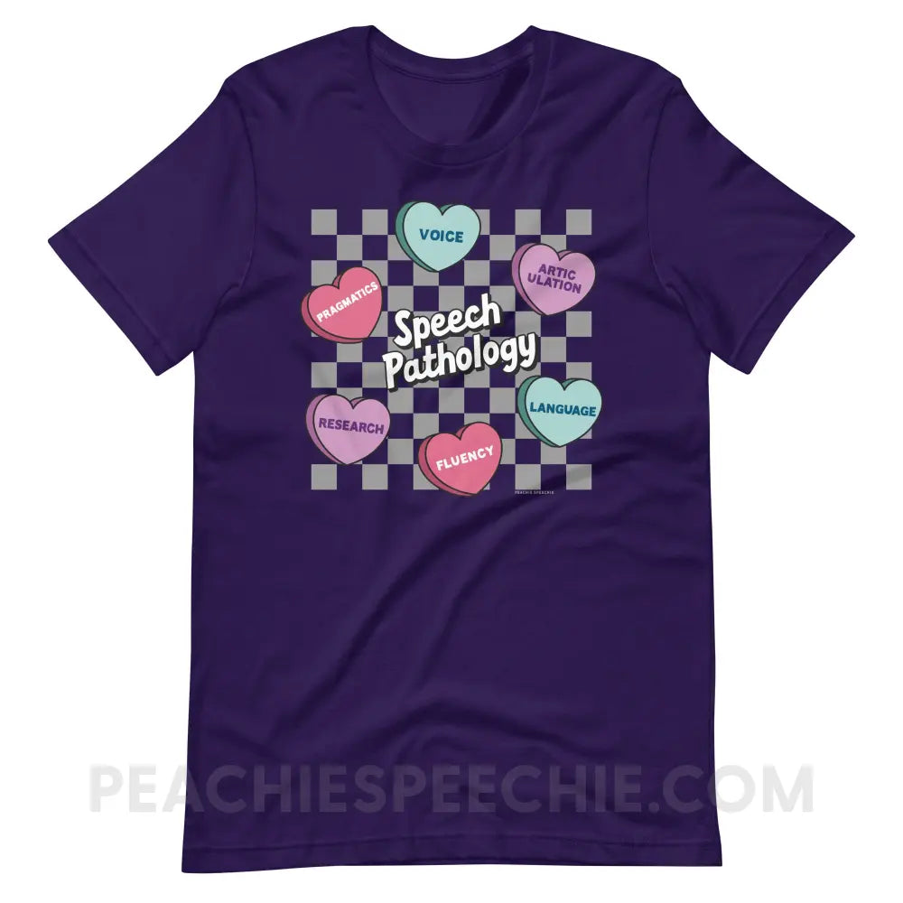 Speech Pathology Candy Heart Checkerboard Premium Soft Tee - Team Purple / XS - peachiespeechie.com