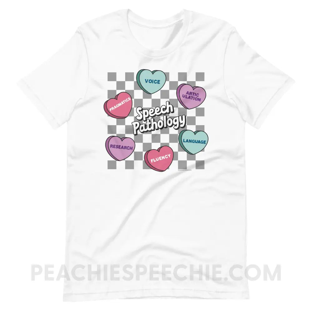 Speech Pathology Candy Heart Checkerboard Premium Soft Tee - White / XS - peachiespeechie.com