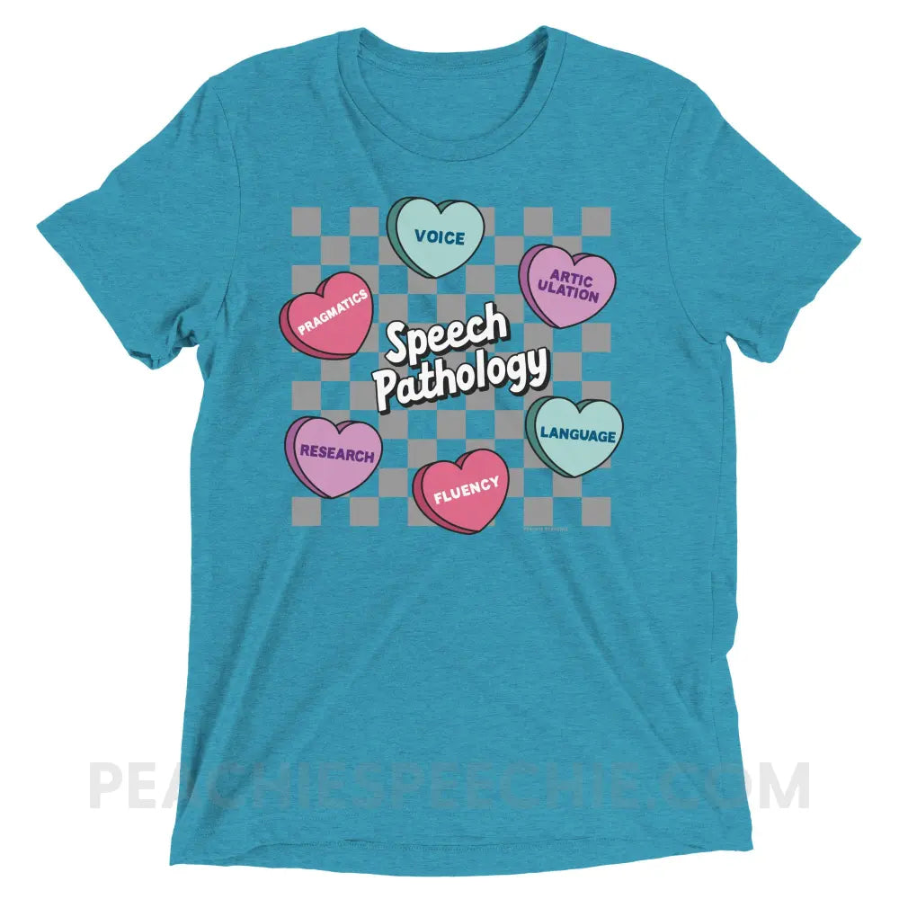 Speech Pathology Candy Heart Checkerboard Tri-Blend Tee - peachiespeechie.com