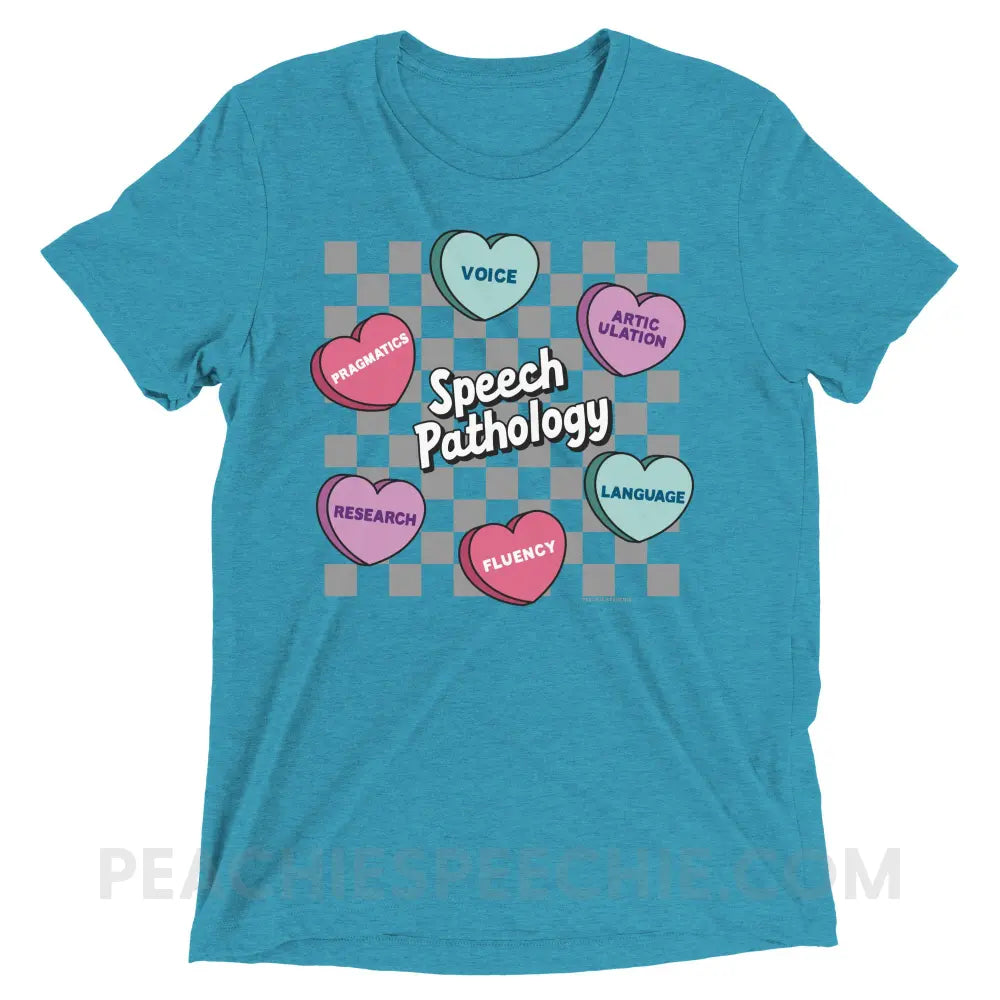 Speech Pathology Candy Heart Checkerboard Tri-Blend Tee - Aqua Triblend / XS - peachiespeechie.com