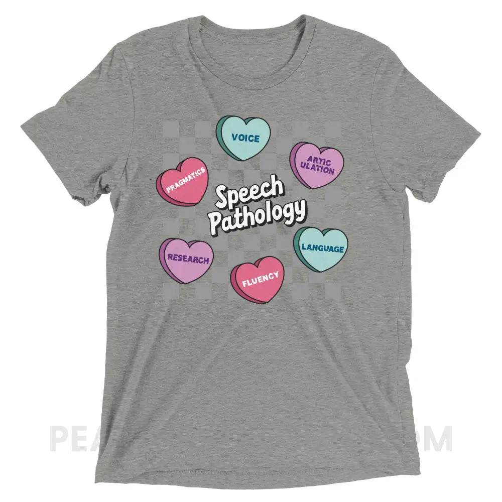 Speech Pathology Candy Heart Checkerboard Tri-Blend Tee - Athletic Grey Triblend / XS - peachiespeechie.com