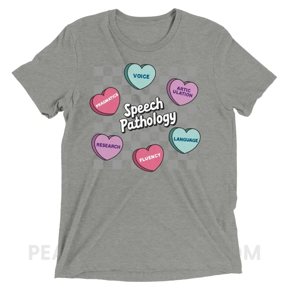 Speech Pathology Candy Heart Checkerboard Tri-Blend Tee - peachiespeechie.com