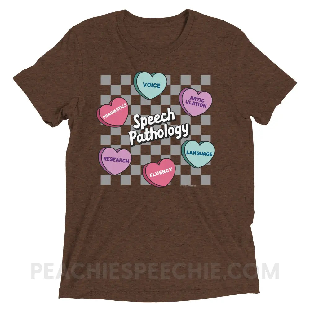 Speech Pathology Candy Heart Checkerboard Tri-Blend Tee - Brown Triblend / XS - peachiespeechie.com