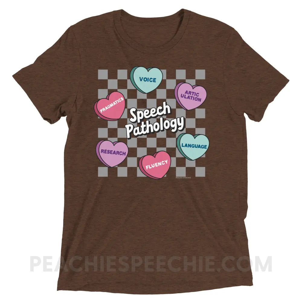 Speech Pathology Candy Heart Checkerboard Tri-Blend Tee - peachiespeechie.com