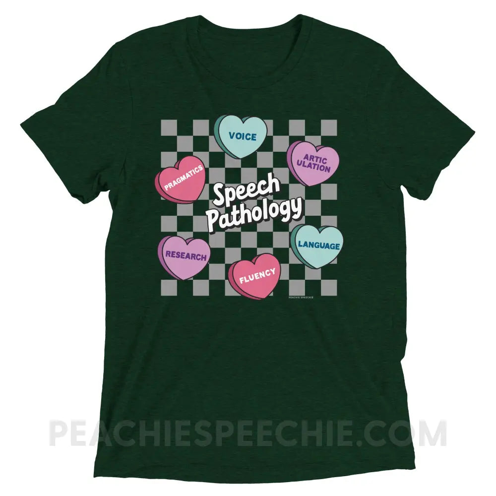 Speech Pathology Candy Heart Checkerboard Tri-Blend Tee - Emerald Triblend / XS - peachiespeechie.com