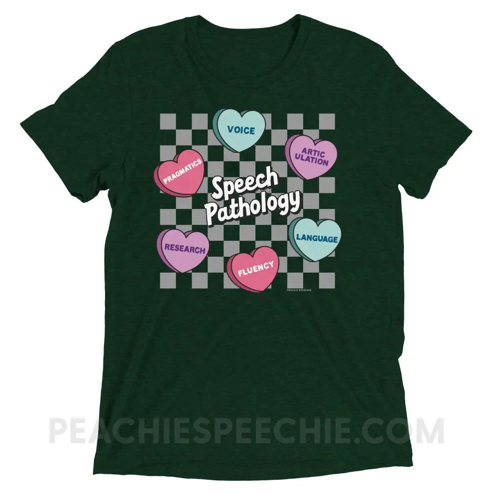 Speech Pathology Candy Heart Checkerboard Tri-Blend Tee - peachiespeechie.com