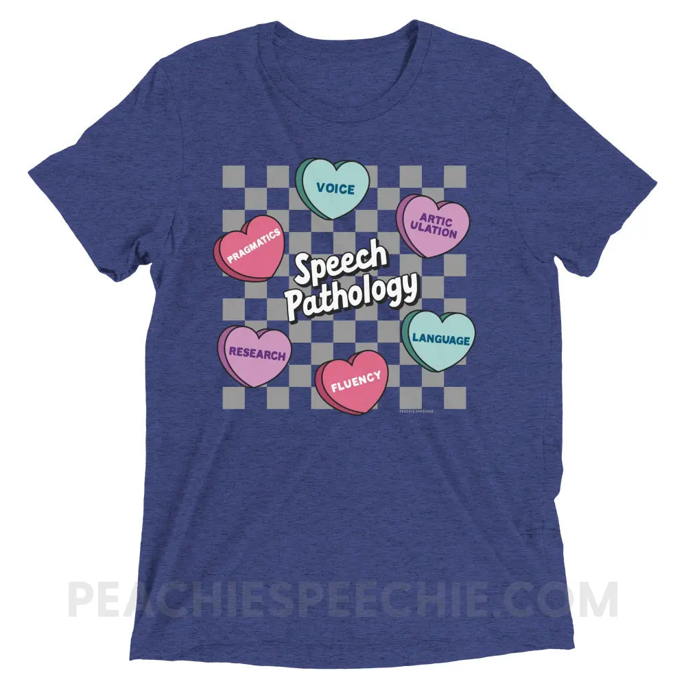 Speech Pathology Candy Heart Checkerboard Tri-Blend Tee - Navy Triblend / XS - peachiespeechie.com