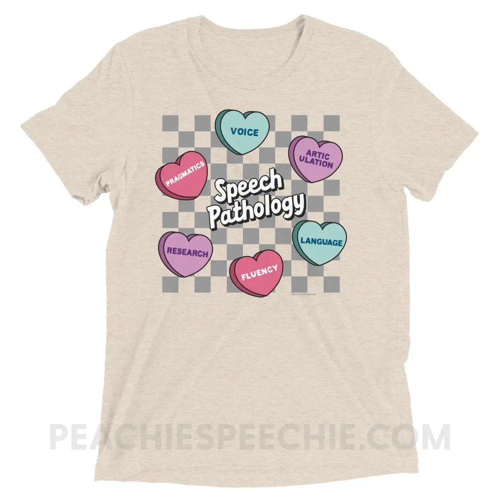 Speech Pathology Candy Heart Checkerboard Tri-Blend Tee - peachiespeechie.com