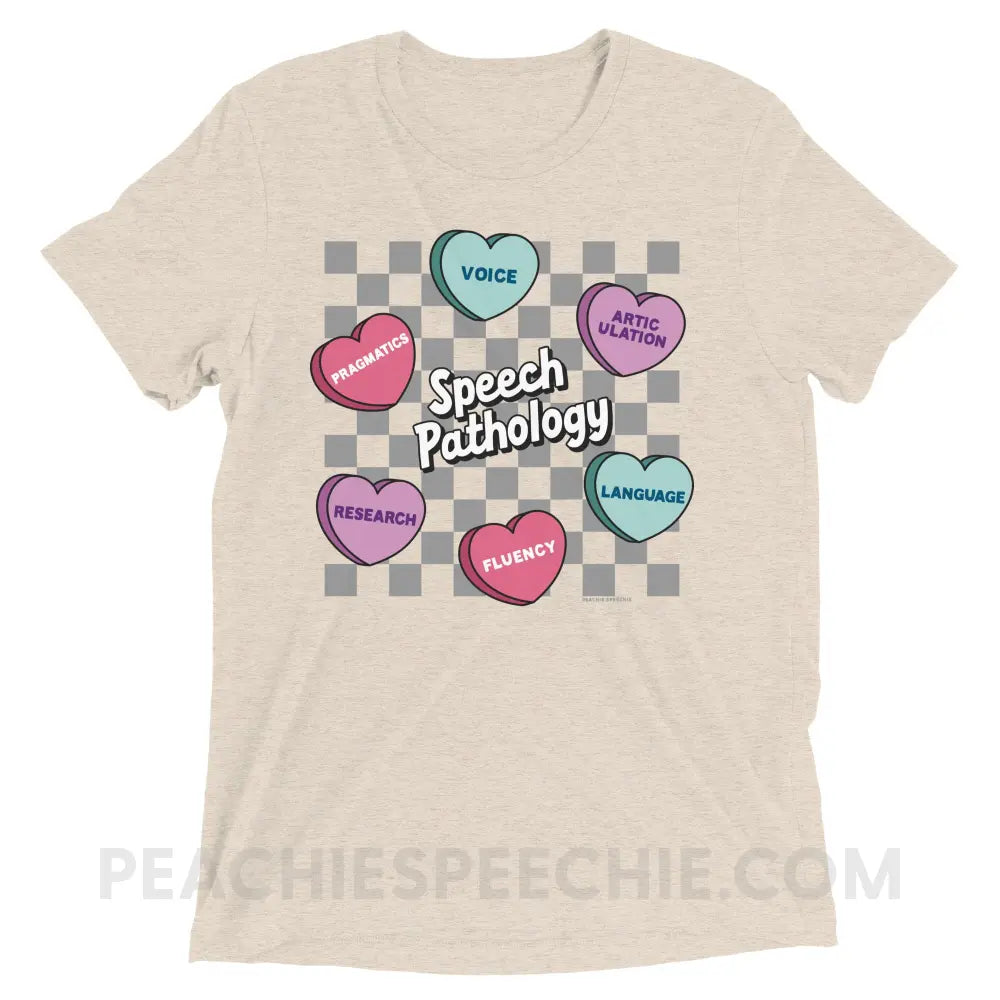 Speech Pathology Candy Heart Checkerboard Tri-Blend Tee - Oatmeal Triblend / XS - peachiespeechie.com