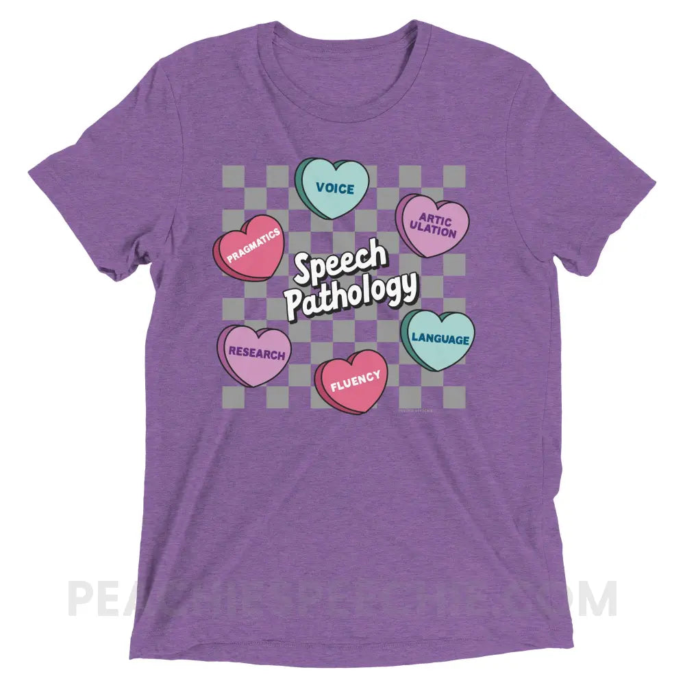 Speech Pathology Candy Heart Checkerboard Tri-Blend Tee - Purple Triblend / XS - peachiespeechie.com