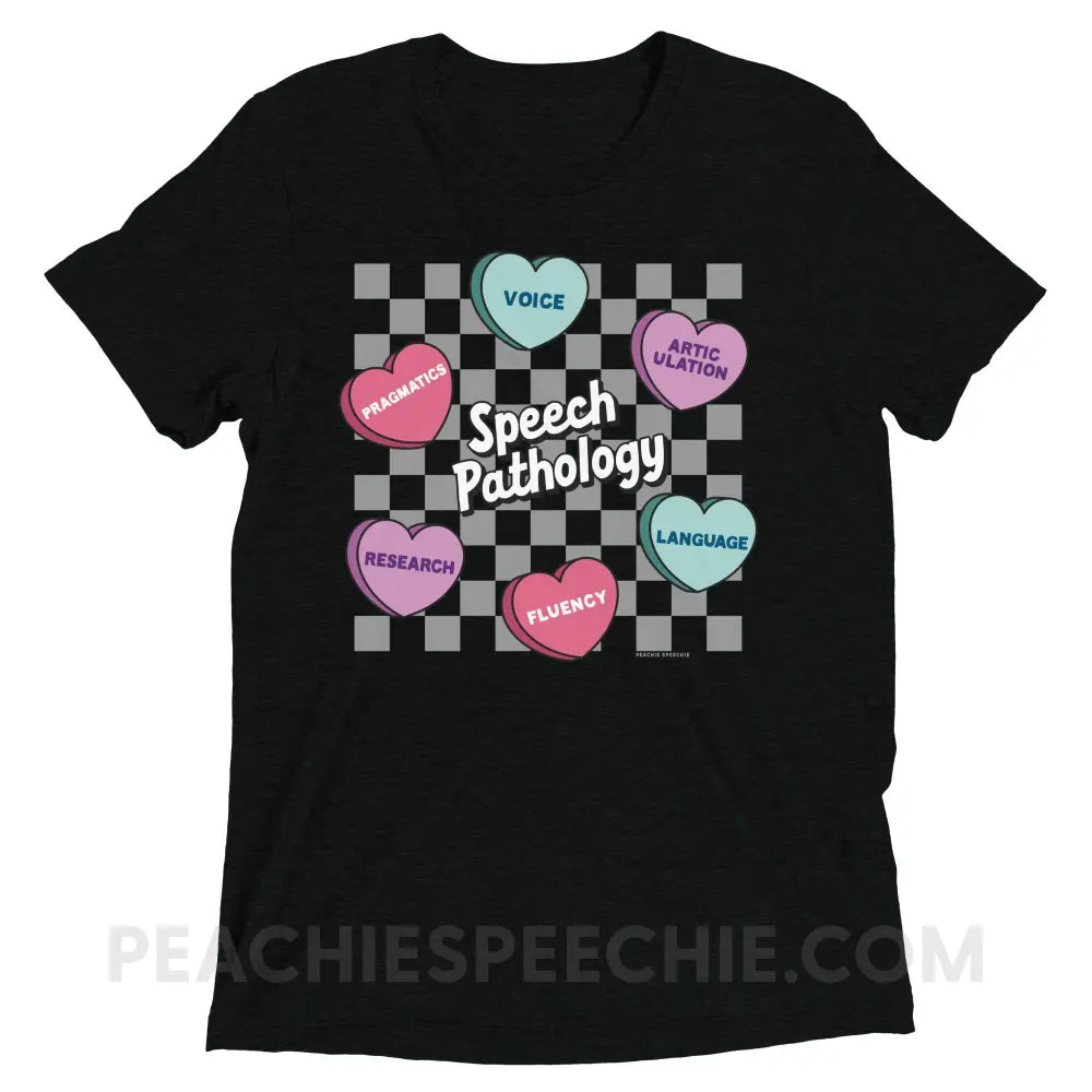 Speech Pathology Candy Heart Checkerboard Tri-Blend Tee - Solid Black Triblend / XS - peachiespeechie.com