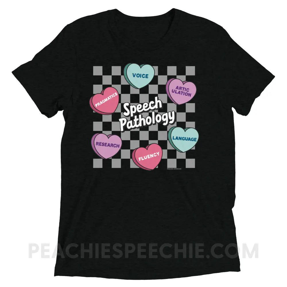 Speech Pathology Candy Heart Checkerboard Tri-Blend Tee - peachiespeechie.com