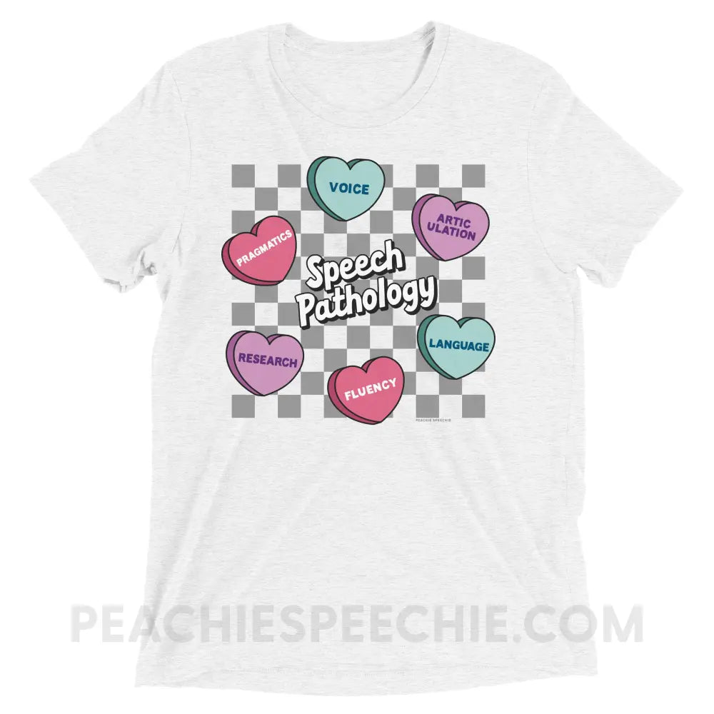 Speech Pathology Candy Heart Checkerboard Tri-Blend Tee - peachiespeechie.com