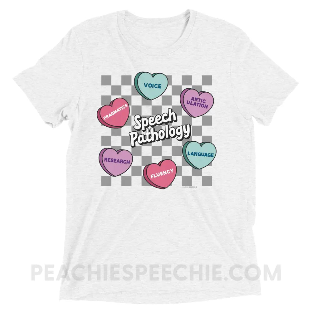 Speech Pathology Candy Heart Checkerboard Tri-Blend Tee - Solid White Triblend / XS - peachiespeechie.com