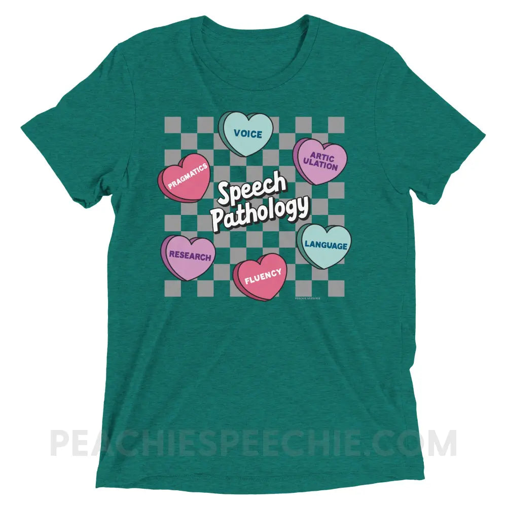 Speech Pathology Candy Heart Checkerboard Tri-Blend Tee - peachiespeechie.com