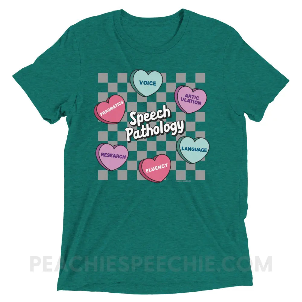 Speech Pathology Candy Heart Checkerboard Tri-Blend Tee - Teal Triblend / XS - peachiespeechie.com