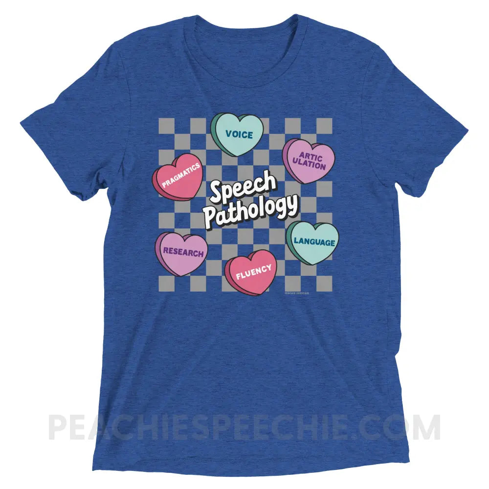 Speech Pathology Candy Heart Checkerboard Tri-Blend Tee - True Royal Triblend / XS - peachiespeechie.com