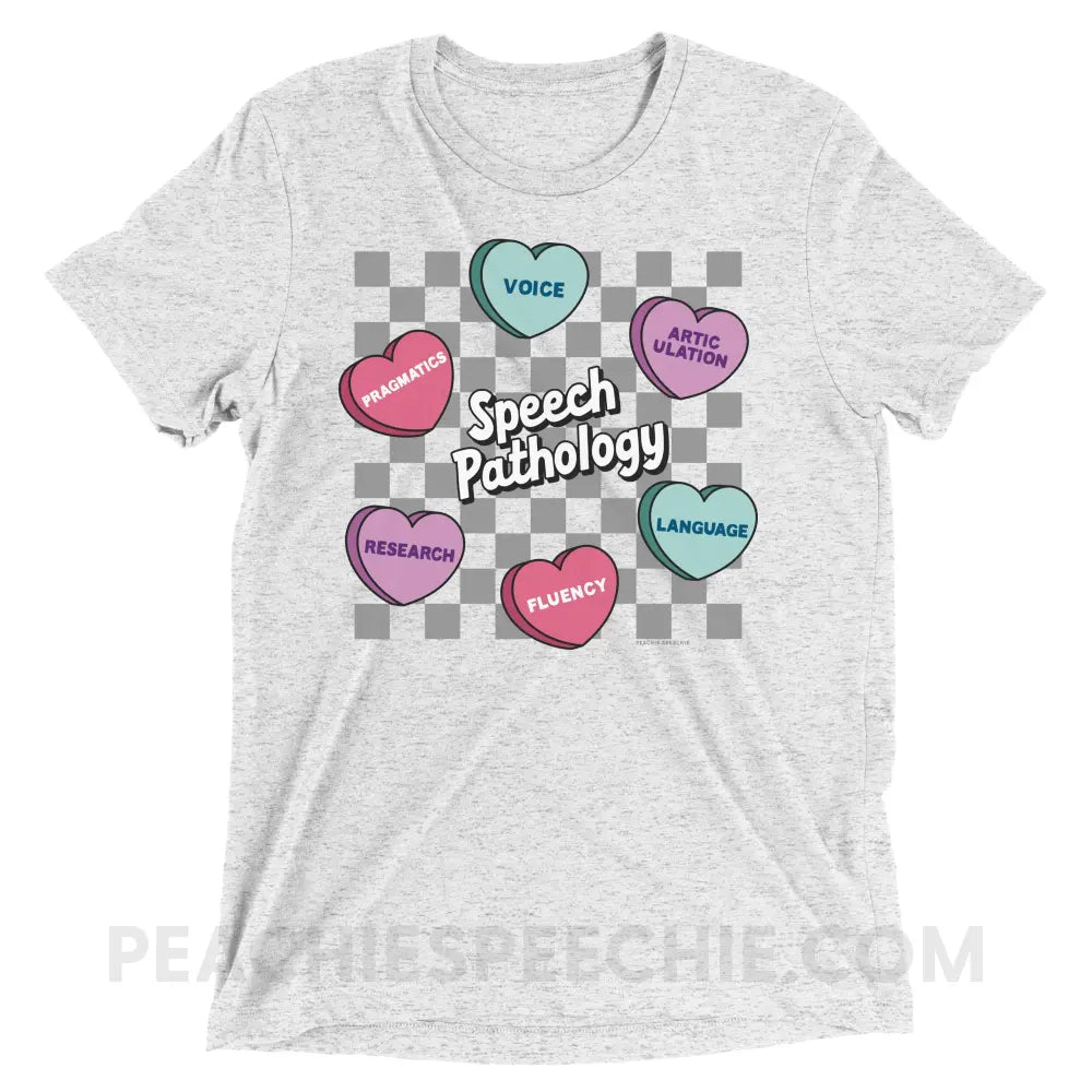 Speech Pathology Candy Heart Checkerboard Tri-Blend Tee - peachiespeechie.com