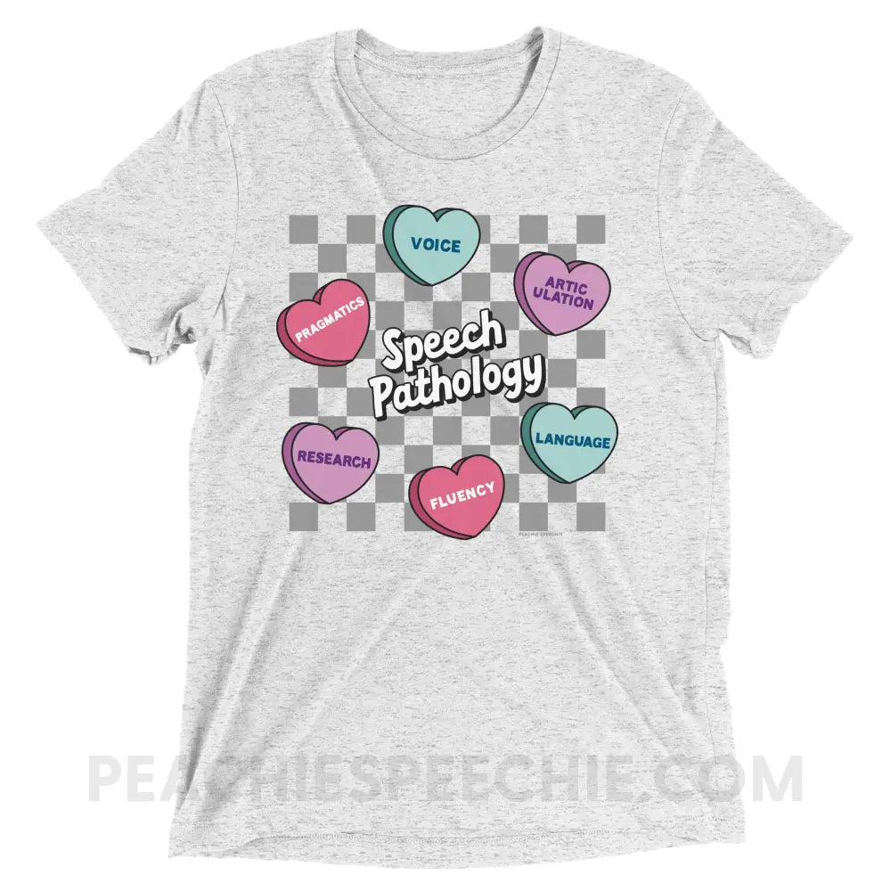 Speech Pathology Candy Heart Checkerboard Tri-Blend Tee - White Fleck Triblend / XS - peachiespeechie.com