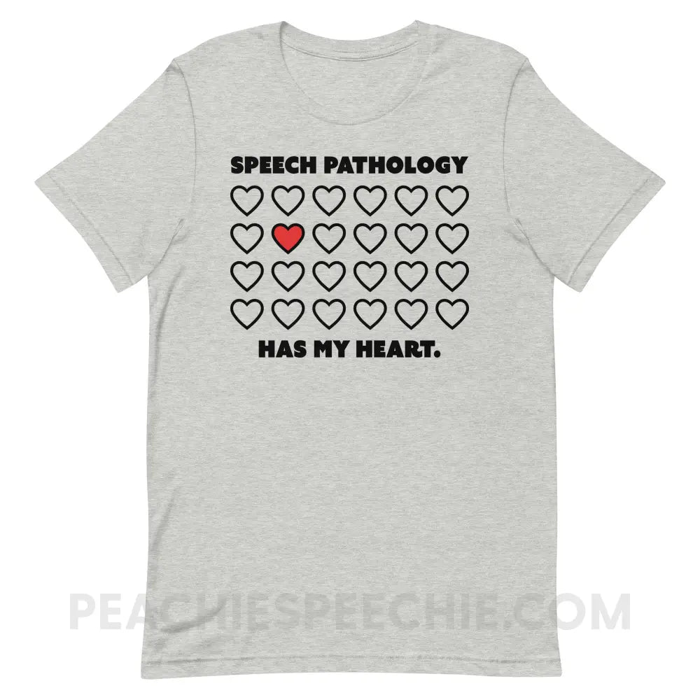 Speech Pathology Has My Heart Premium Soft Tee - Athletic Heather / XS - peachiespeechie.com