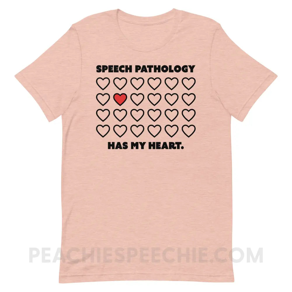 Speech Pathology Has My Heart Premium Soft Tee - Heather Prism Peach / XS - peachiespeechie.com