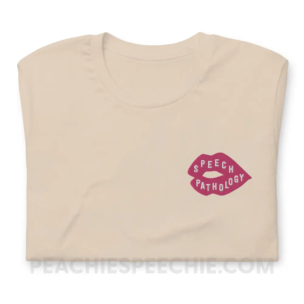 Speech Pathology Lips Embroidered Premium Soft Tee - Cream / XS - peachiespeechie.com