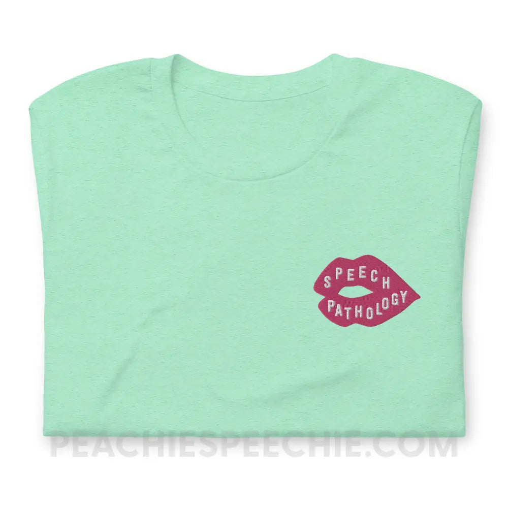 Speech Pathology Lips Embroidered Premium Soft Tee - Heather Mint / S peachiespeechie.com