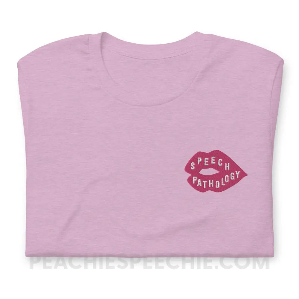 Speech Pathology Lips Embroidered Premium Soft Tee - Heather Prism Lilac / XS - peachiespeechie.com