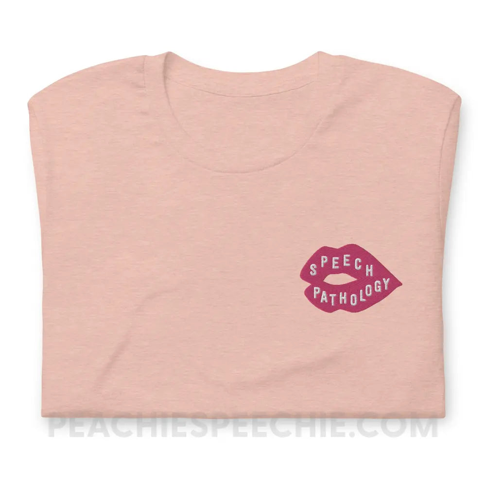 Speech Pathology Lips Embroidered Premium Soft Tee - Heather Prism Peach / XS peachiespeechie.com