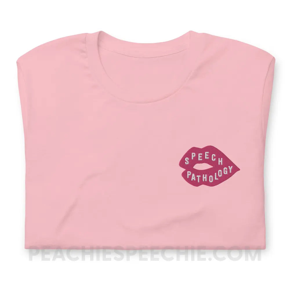 Speech Pathology Lips Embroidered Premium Soft Tee - Pink / S - peachiespeechie.com