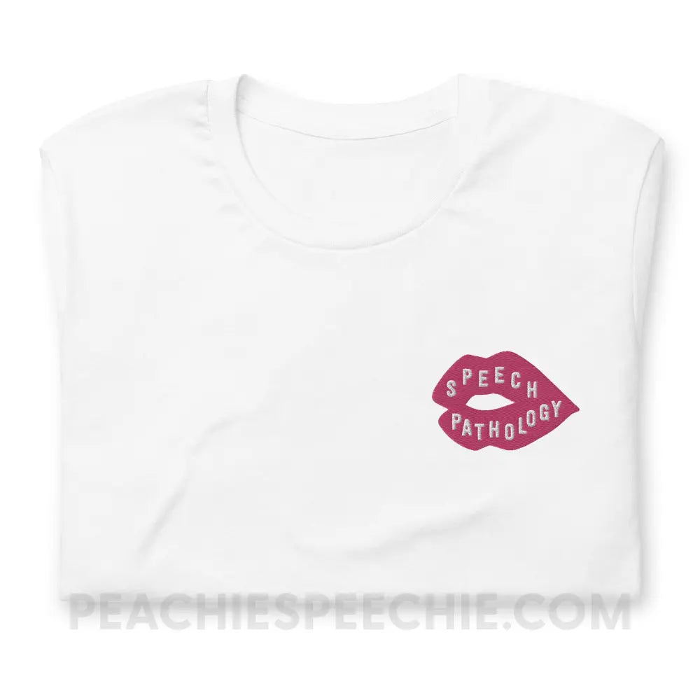 Speech Pathology Lips Embroidered Premium Soft Tee - White / XS peachiespeechie.com