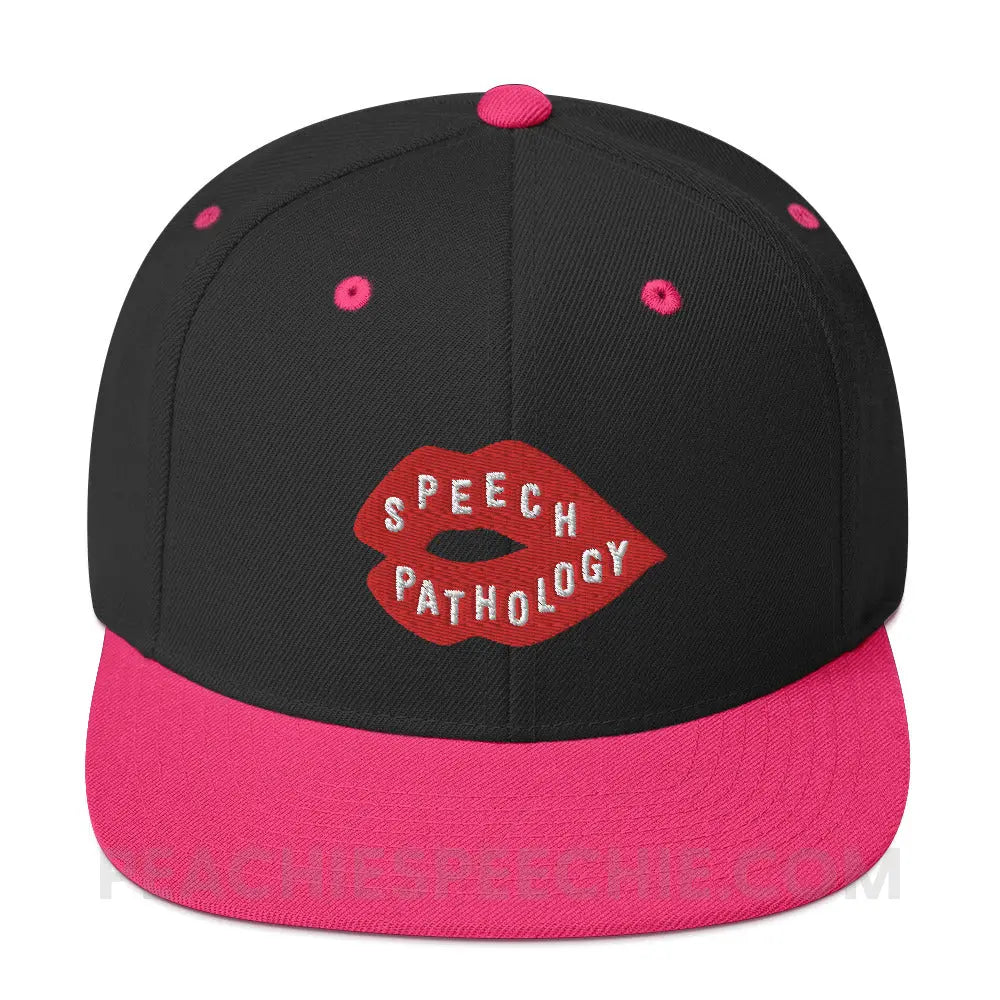 Speech Pathology Lips Wool Blend Ball Cap - Black/ Neon Pink - peachiespeechie.com