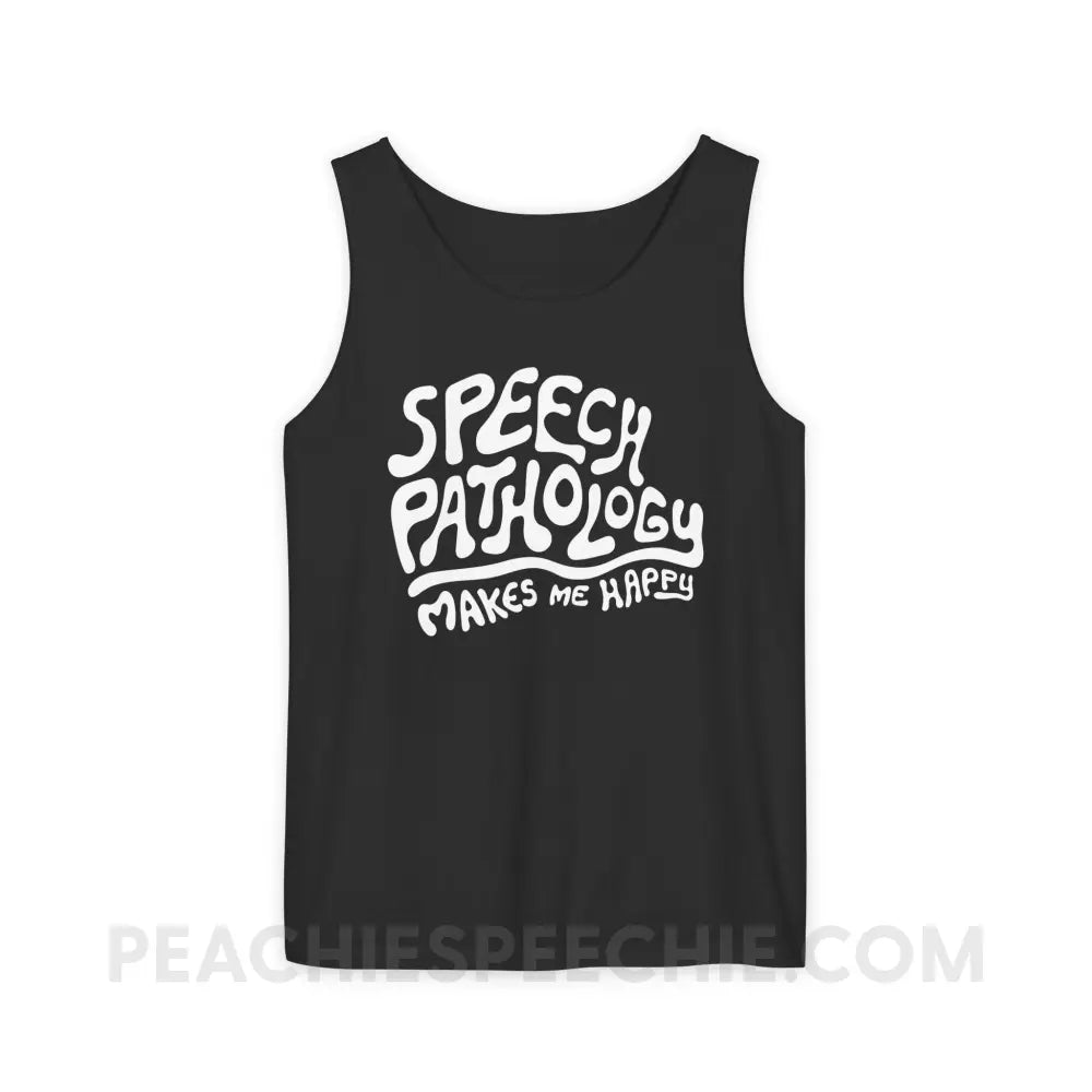 Speech Pathology Makes Me Happy Comfort Colors Tank - Black / XS - Top peachiespeechie.com