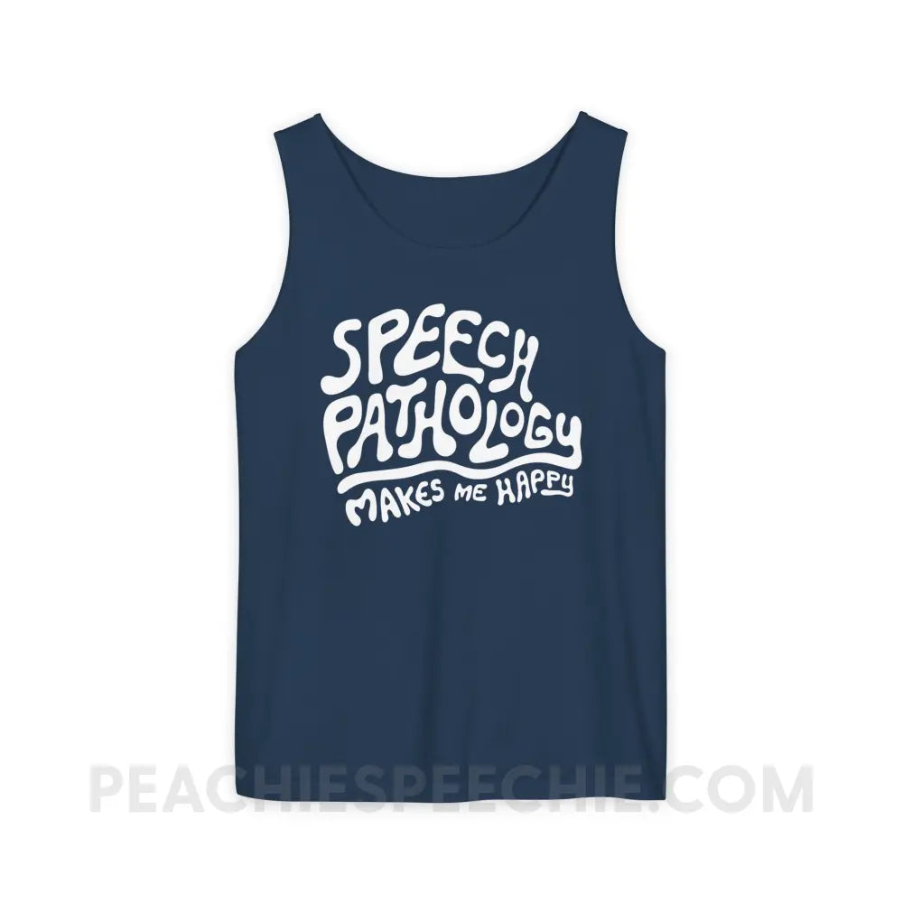 Speech Pathology Makes Me Happy Comfort Colors Tank - True Navy / S - Top peachiespeechie.com