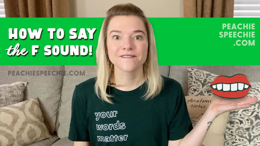 Speech therapy educational content showing how to pronounce the ’F’ sound.