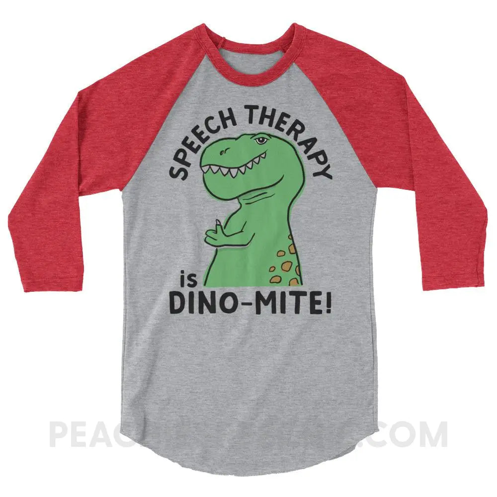 Speech Therapy is Dino-Mite Baseball Tee - Heather Grey/Heather Red / XS - T-Shirts & Tops peachiespeechie.com