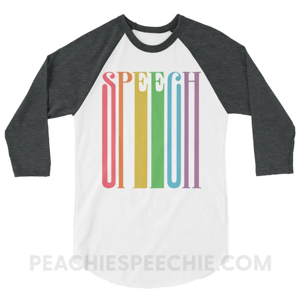 Stretchy Rainbow Speech Baseball Tee - White/Heather Charcoal / XS - T-Shirts & Tops peachiespeechie.com