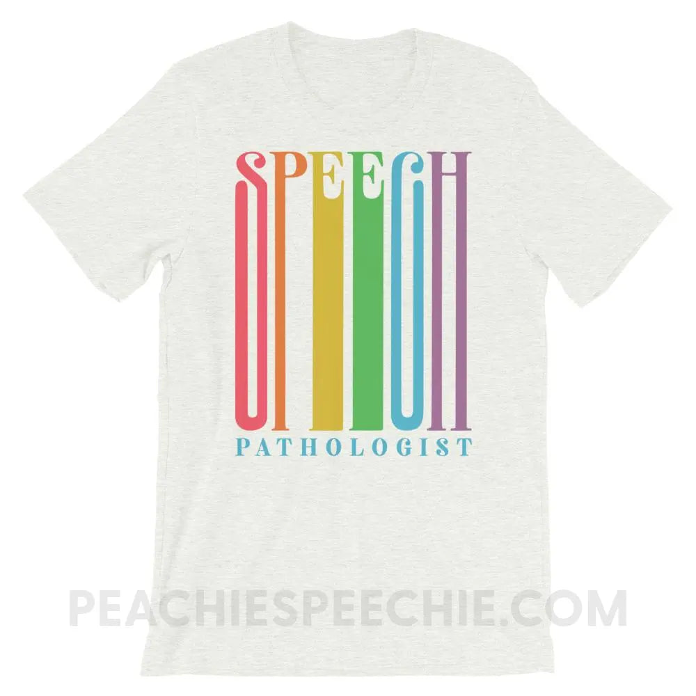 Stretchy Rainbow Speech Premium Soft Tee - Ash / S - T-Shirts & Tops peachiespeechie.com