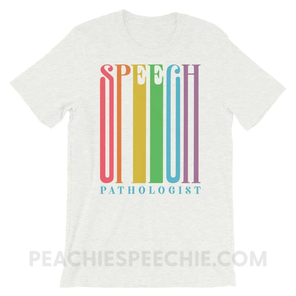 Stretchy Rainbow Speech Premium Soft Tee - Ash / S - T-Shirts & Tops peachiespeechie.com